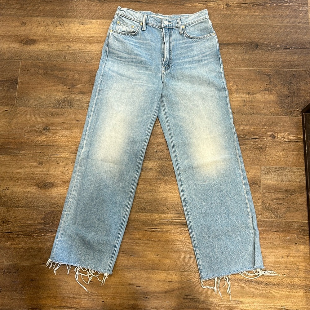 MOTHER Light Blue Frayed Hem Straight Leg Jeans
